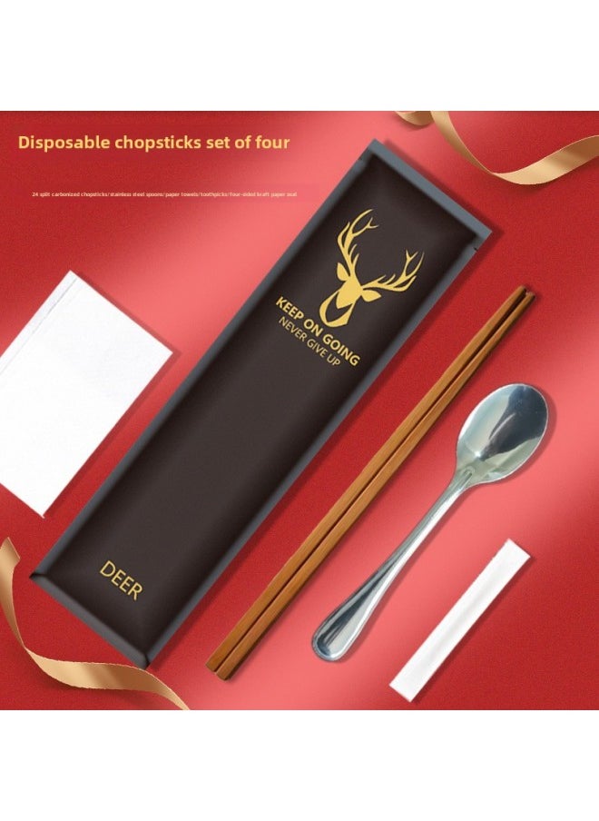Four-piece Set Of Disposable Chopsticks For Commercial Restaurants Take-out Hotels-Color:Pure Yellow Cowhide Double Sheng Chopsticks + KFC Spoon 300 Sets