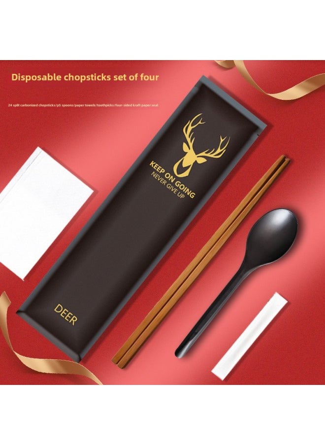 Four-piece Set Of Disposable Chopsticks For Commercial Restaurants Take-out Hotels-Color:Pure Yellow Cowhide Double Sheng Chopsticks + KFC Spoon 300 Sets
