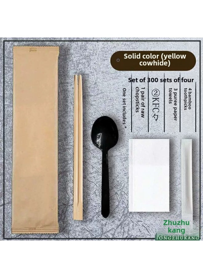 Four-piece Set Of Disposable Chopsticks For Commercial Restaurants Take-out Hotels-Color:Pure Yellow Cowhide Double Sheng Chopsticks + KFC Spoon 300 Sets