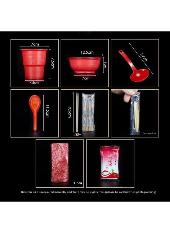 Disposable Bowl And Chopsticks Tableware Suit Red Banquet Wedding Banquet Household Wedding Tableware Set Of Bowl, Cup And Spoon-Colour:Thickened Two-color [serves 10]
