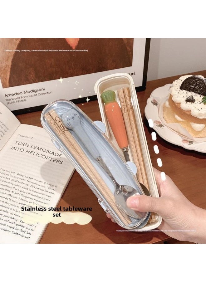 Chopsticks Spoon Suit Primary School Children's Tableware School Portable One Person Eating With Baby Yao Chen-Specifications:Default Items-Color:Spoon And Chopsticks Set: Carrot Beige
