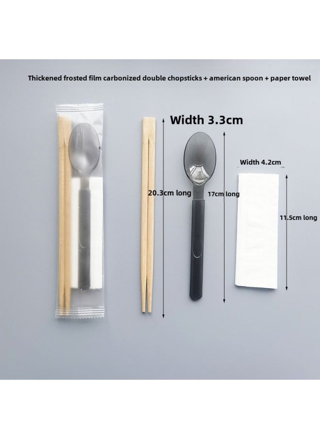 Disposable Chopsticks Spoon Suit High-end Tableware Four-piece Set Take-out Lunch With Bamboo Chopsticks Spoon Paper Towel Three-in-One-Color:Twin Chopsticks + American Spoons + Paper Towels 100 Sets-Specifications:Thickened Frosted Film