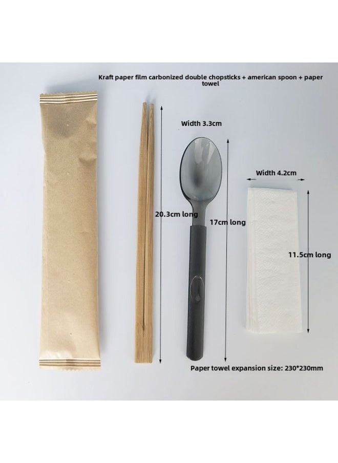 Disposable Chopsticks Spoon Suit High-end Tableware Four-piece Set Take-out Lunch With Bamboo Chopsticks Spoon Paper Towel Three-in-One-Color:Twin Chopsticks + American Spoons + Paper Towels 100 Sets-Specifications:Thickened Frosted Film