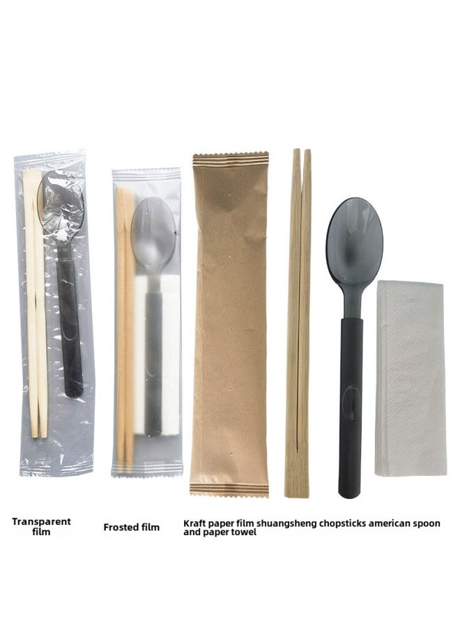 Disposable Chopsticks Spoon Suit High-end Tableware Four-piece Set Take-out Lunch With Bamboo Chopsticks Spoon Paper Towel Three-in-One-Color:Twin Chopsticks + American Spoons + Paper Towels 100 Sets-Specifications:Thickened Frosted Film