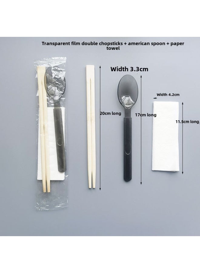 Disposable Chopsticks Spoon Suit High-end Tableware Four-piece Set Take-out Lunch With Bamboo Chopsticks Spoon Paper Towel Three-in-One-Color:Twin Chopsticks + American Spoons + Paper Towels 100 Sets-Specifications:Thickened Frosted Film