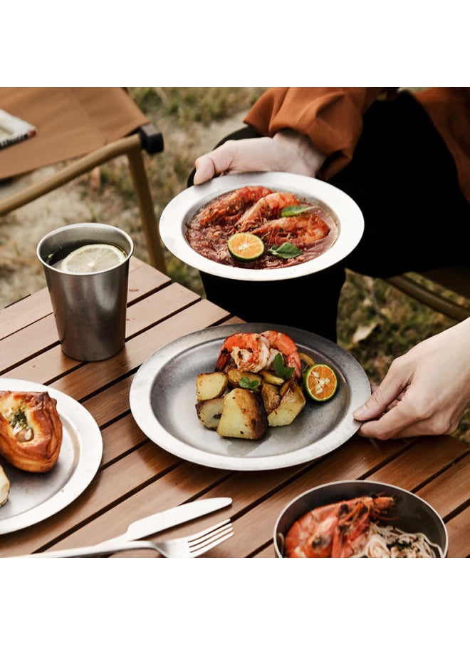 Vintage 304 Stainless Steel Dish Outdoor Tableware Camping Picnic Beer Drink Water Cup Soup Bowl Suit Wholesale-Specifications:304 Vintage Outdoor Tableware-Color:20cm Shallow Plate