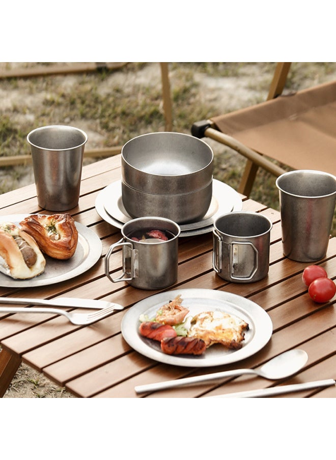 Vintage 304 Stainless Steel Dish Outdoor Tableware Camping Picnic Beer Drink Water Cup Soup Bowl Suit Wholesale-Specifications:304 Vintage Outdoor Tableware-Color:20cm Shallow Plate