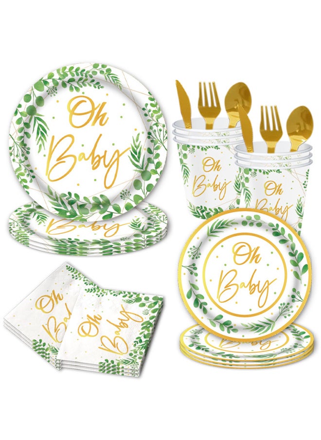 Oh Baby Yucalyptus Green Leaves Children's Birthday Party Suit Disposable Party Tableware Paper Tray Paper Towel Tablecloth-Color:plastic Fork-Specifications:16 People.