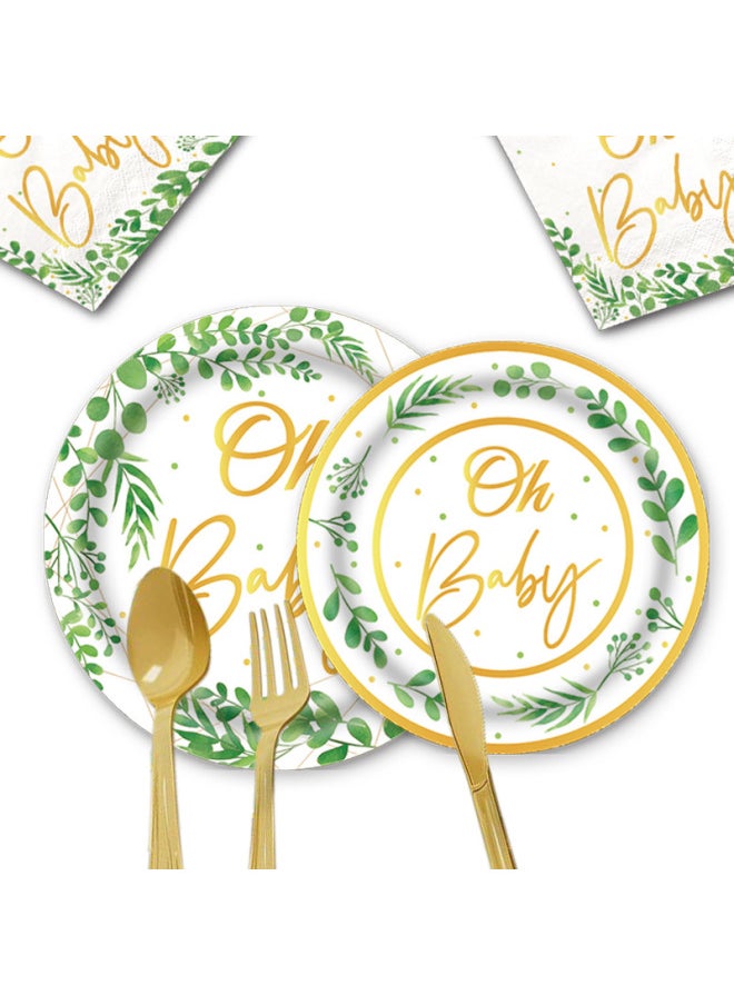 Oh Baby Yucalyptus Green Leaves Children's Birthday Party Suit Disposable Party Tableware Paper Tray Paper Towel Tablecloth-Color:plastic Fork-Specifications:16 People.