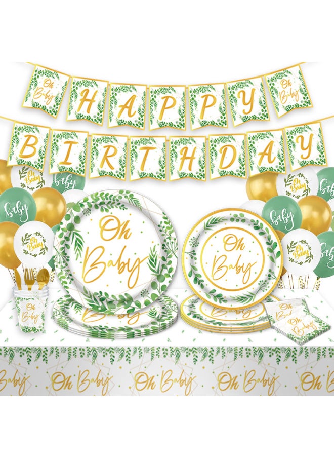 Oh Baby Yucalyptus Green Leaves Children's Birthday Party Suit Disposable Party Tableware Paper Tray Paper Towel Tablecloth-Color:plastic Fork-Specifications:16 People.