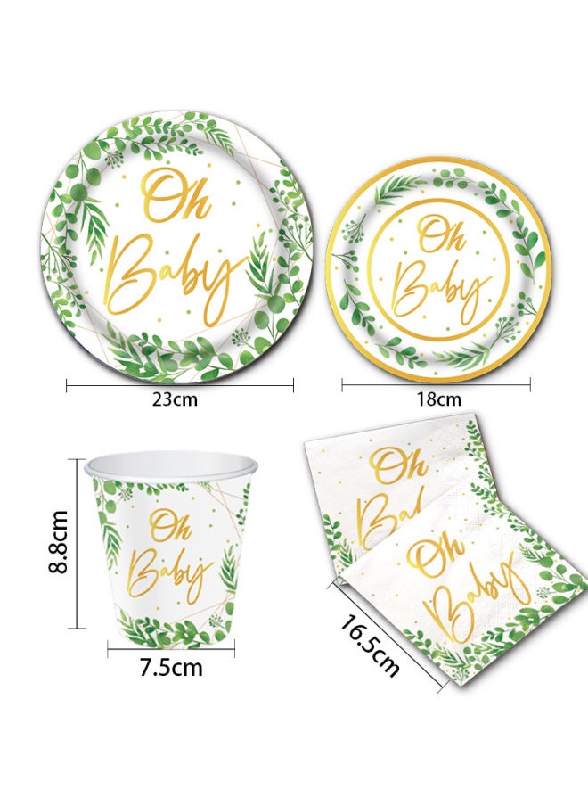 Oh Baby Yucalyptus Green Leaves Children's Birthday Party Suit Disposable Party Tableware Paper Tray Paper Towel Tablecloth-Color:plastic Fork-Specifications:16 People.
