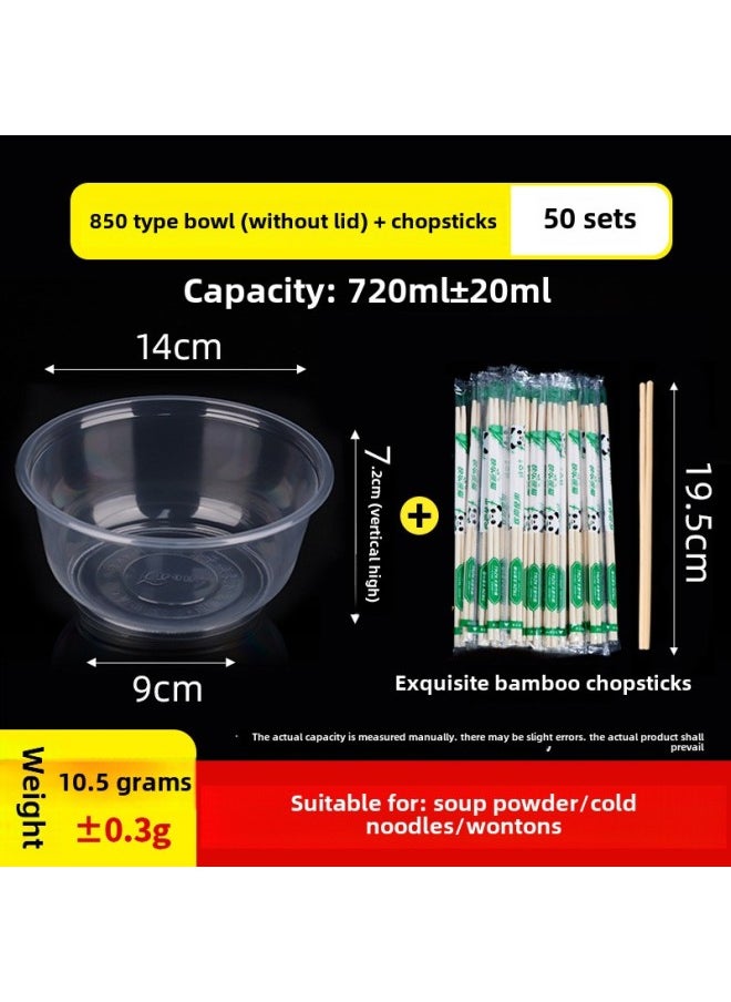 Disposable Tableware Bowl Chopsticks Suit Household Soup Bowl Lunch Box Chopsticks Thickened Plastic Round Packaging Fast Food Box Wholesale-Color:850 Thickened Bowl 720ml With Chopsticks-Specifications:100 Sets