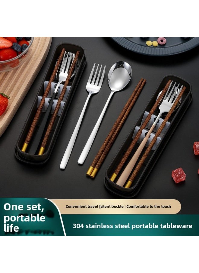 Creative 304 Chopsticks Spoon Fork Student Stainless Steel Korean Portable Tableware Suit Three-piece Single Storage Box-Specifications:Silver Spoon Wooden Chopsticks-2-piece Set