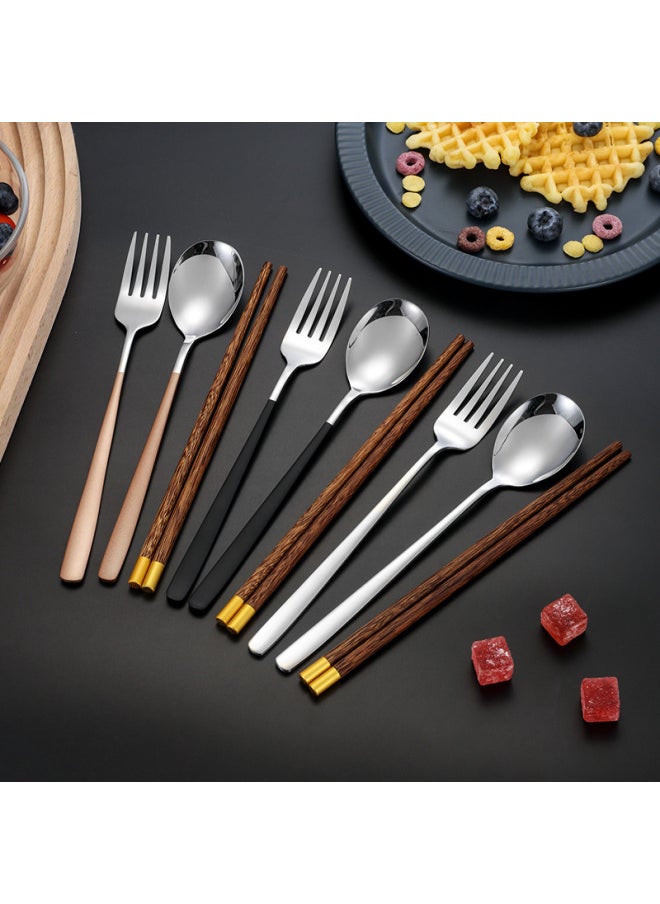 Creative 304 Chopsticks Spoon Fork Student Stainless Steel Korean Portable Tableware Suit Three-piece Single Storage Box-Specifications:Silver Spoon Wooden Chopsticks-2-piece Set