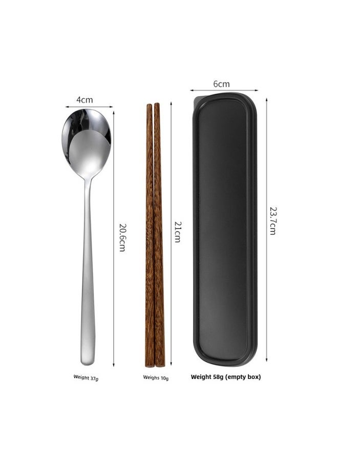 Creative 304 Chopsticks Spoon Fork Student Stainless Steel Korean Portable Tableware Suit Three-piece Single Storage Box-Specifications:Silver Spoon Wooden Chopsticks-2-piece Set