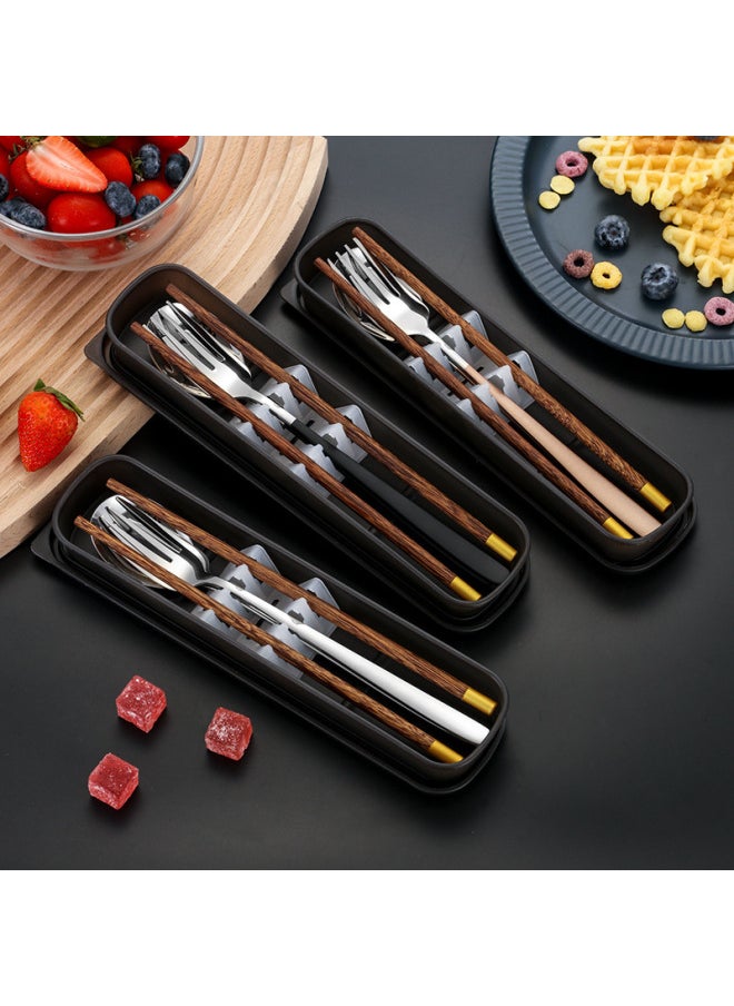 Creative 304 Chopsticks Spoon Fork Student Stainless Steel Korean Portable Tableware Suit Three-piece Single Storage Box-Specifications:Silver Spoon Wooden Chopsticks-2-piece Set