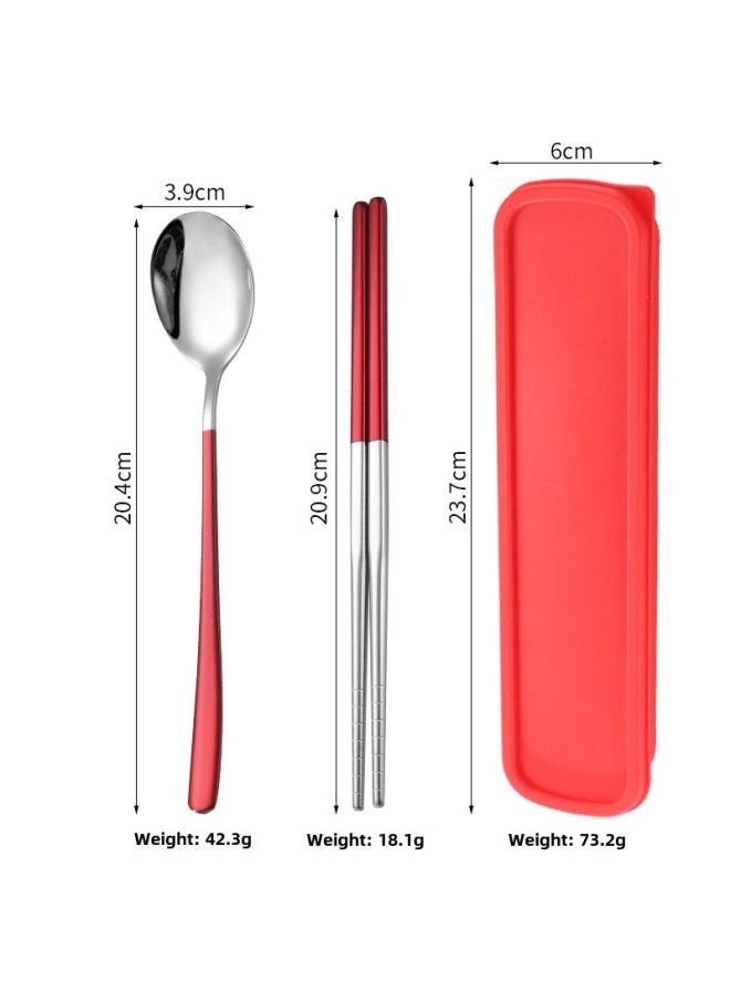 304 Stainless Steel Portable Tableware Suit Korean Tableware Fork Chopsticks Three-piece Set Student Office Worker Gift Suit-Specifications:Red Silver-spoon Fork Chopsticks Two-piece Set