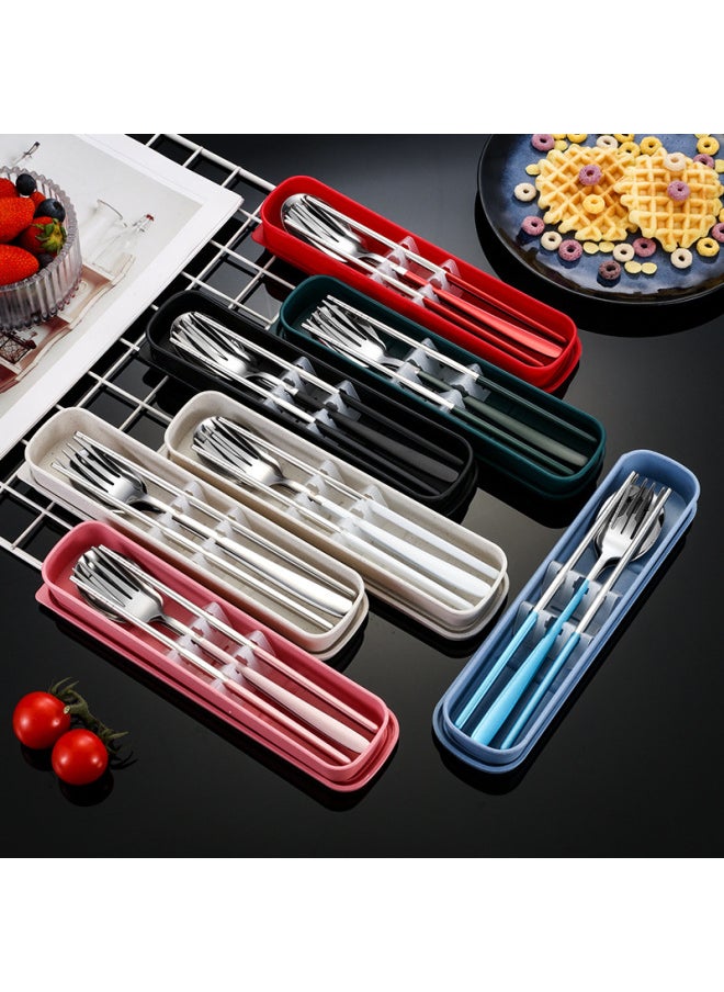 304 Stainless Steel Portable Tableware Suit Korean Tableware Fork Chopsticks Three-piece Set Student Office Worker Gift Suit-Specifications:Red Silver-spoon Fork Chopsticks Two-piece Set