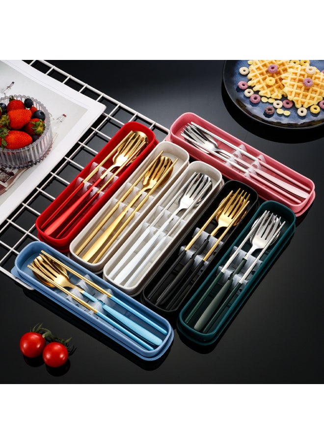 304 Stainless Steel Portable Tableware Suit Korean Tableware Fork Chopsticks Three-piece Set Student Office Worker Gift Suit-Specifications:Red Silver-spoon Fork Chopsticks Two-piece Set