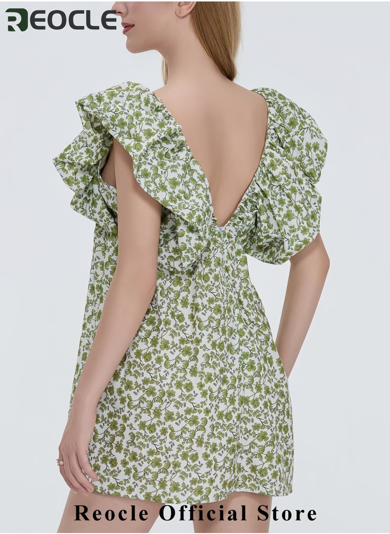 Women's Floral Print Mini Dress V Neck Puff Sleeve Dress Short Babydoll Bow Dress