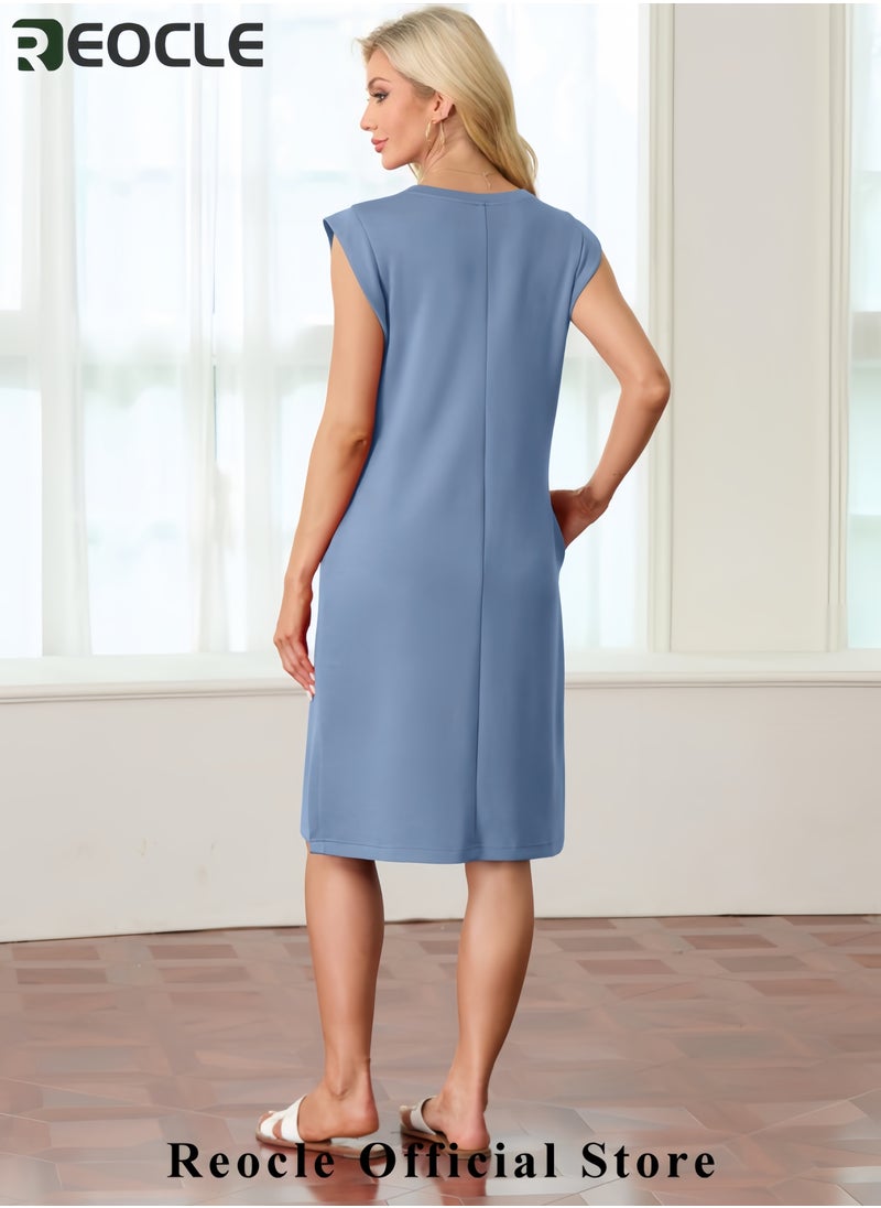 Women Summer Round Neck Casual Loose Split Wrinkle-Free Midi Dress with Pockets