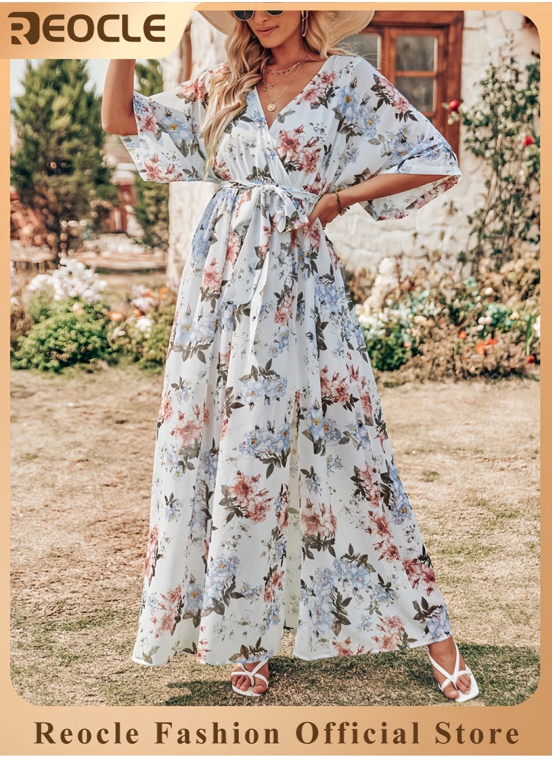 Women’s Summer Loose Boho Flowy Wrap V Neck 3/4 Sleeve Floral Print Slit Beach Wedding Guest Long Maxi Dresses