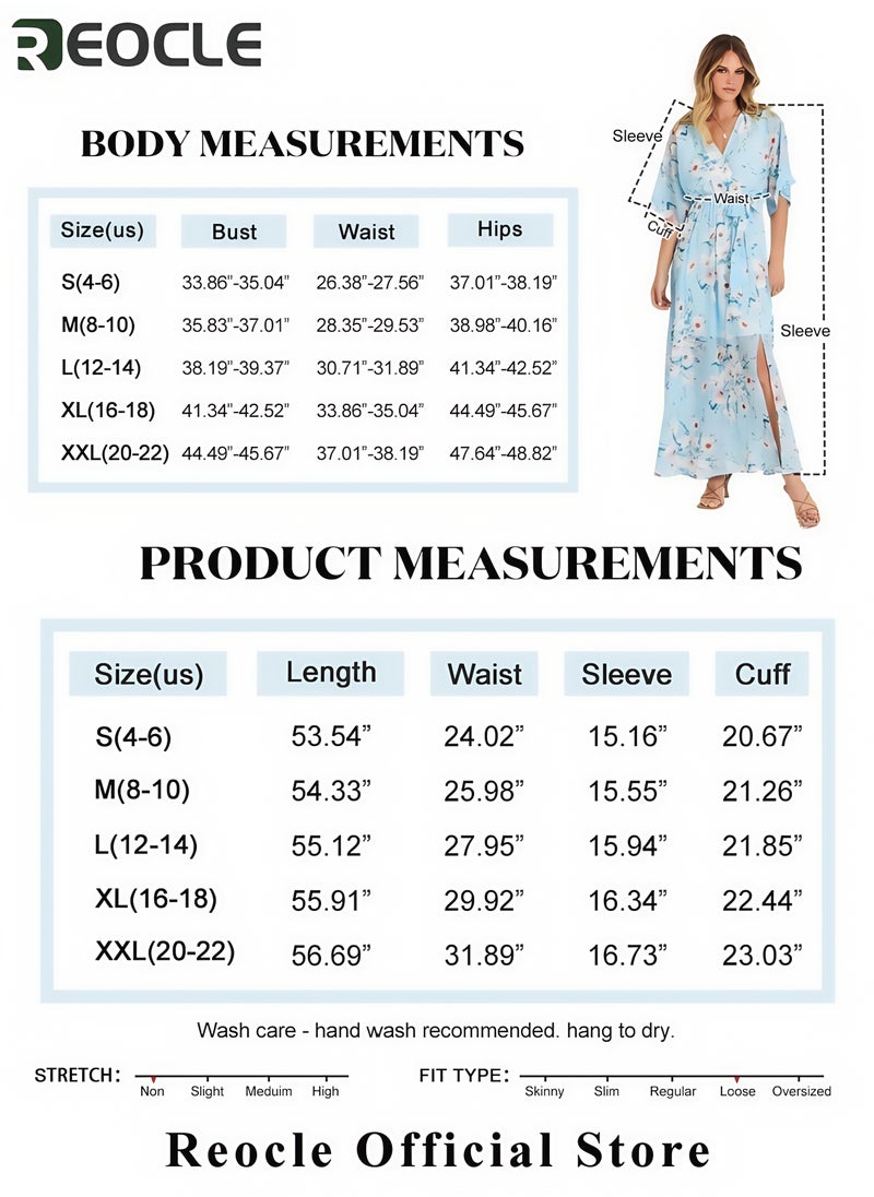 Women’s Summer Loose Boho Flowy Wrap V Neck 3/4 Sleeve Floral Print Slit Beach Wedding Guest Long Maxi Dresses