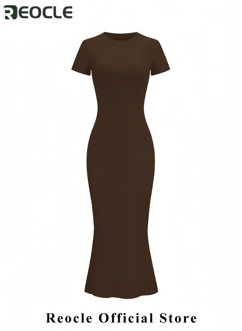 Women's Basic Summer Casual Lounge Long Dress Elegant Short Sleeve Crew Neck Bodycon Maxi Dresses