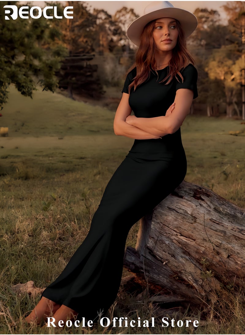 Women's Basic Summer Casual Lounge Long Dress Elegant Short Sleeve Crew Neck Bodycon Maxi Dresses