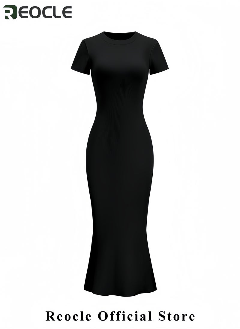 Women's Basic Summer Casual Lounge Long Dress Elegant Short Sleeve Crew Neck Bodycon Maxi Dresses