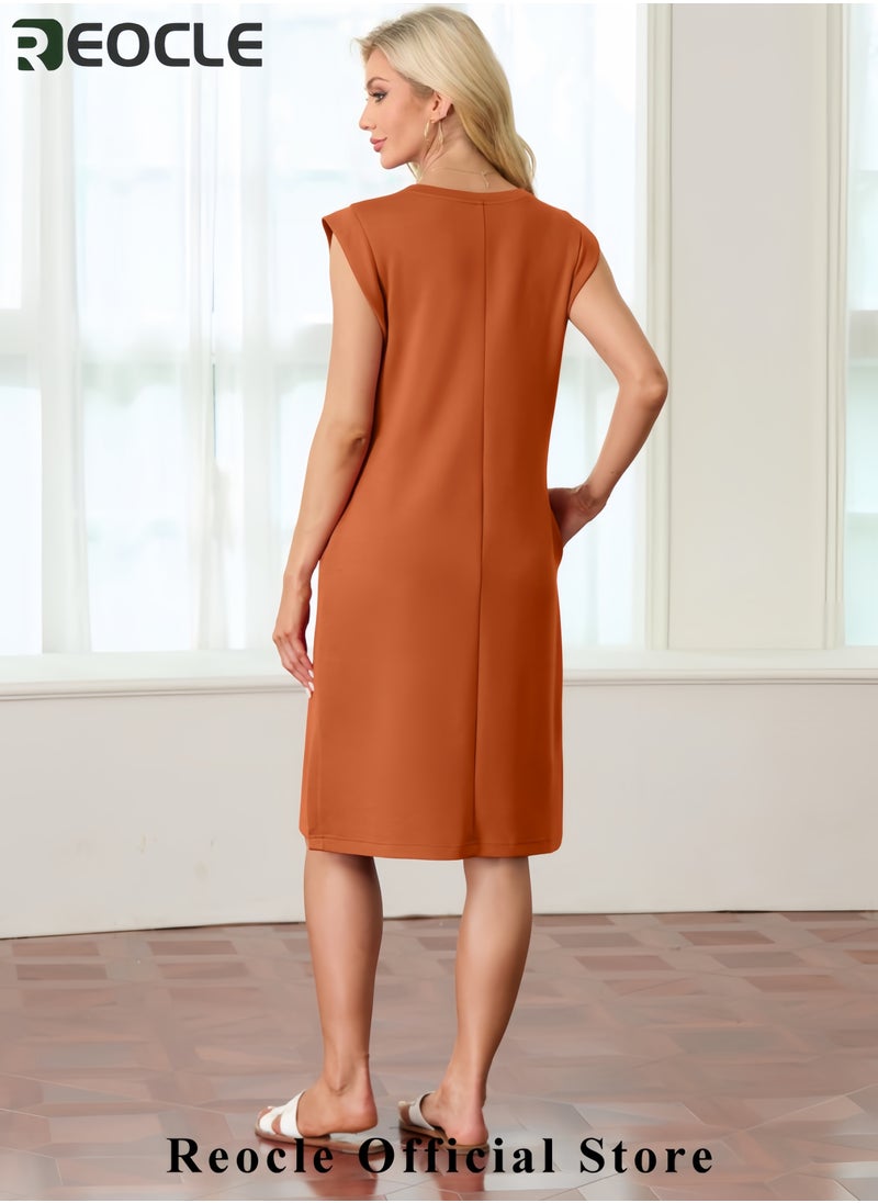 Women Summer Round Neck Casual Loose Split Wrinkle-Free Midi Dress with Pockets