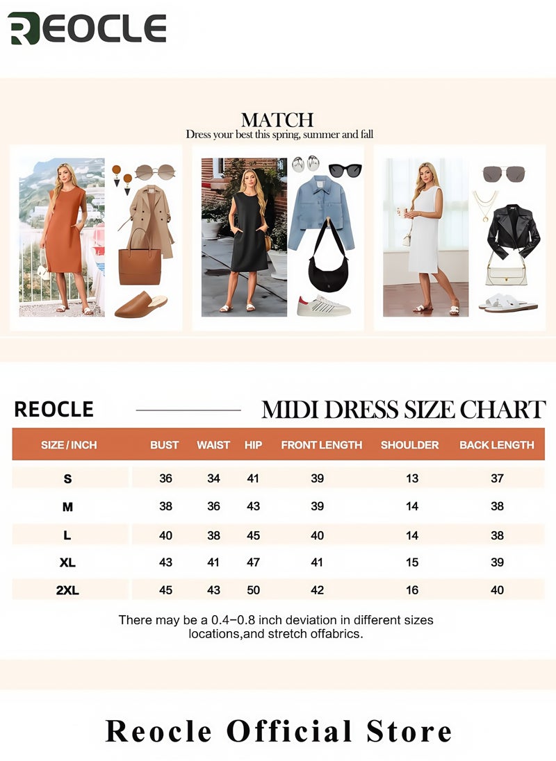 Women Summer Round Neck Casual Loose Split Wrinkle-Free Midi Dress with Pockets