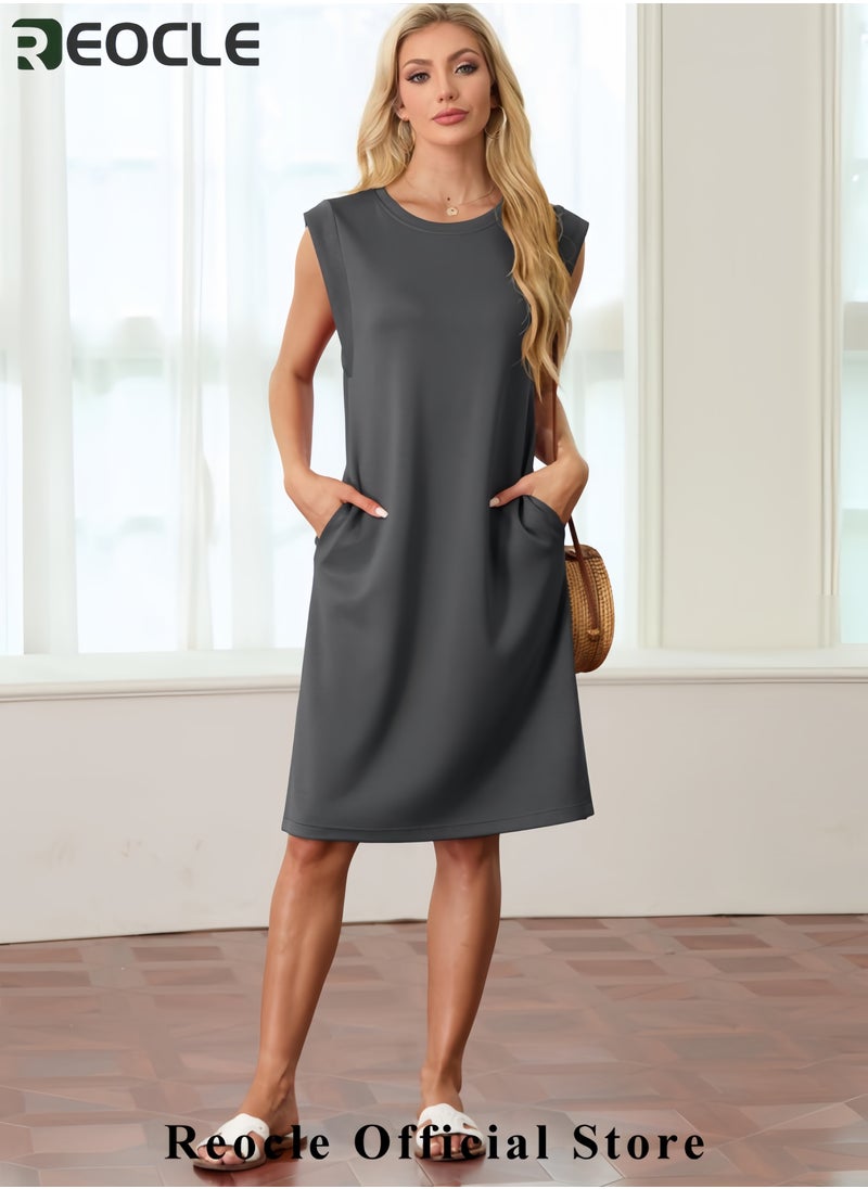 Women Summer Round Neck Casual Loose Split Wrinkle-Free Midi Dress with Pockets
