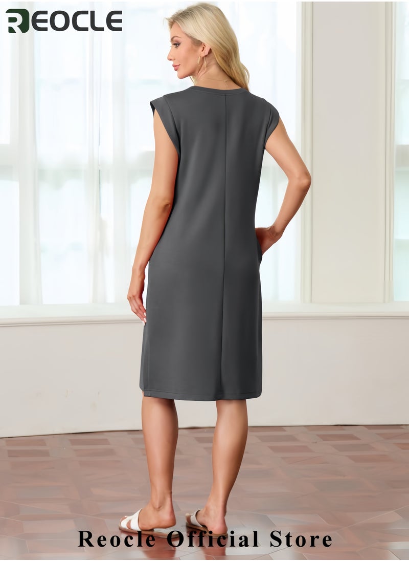 Women Summer Round Neck Casual Loose Split Wrinkle-Free Midi Dress with Pockets