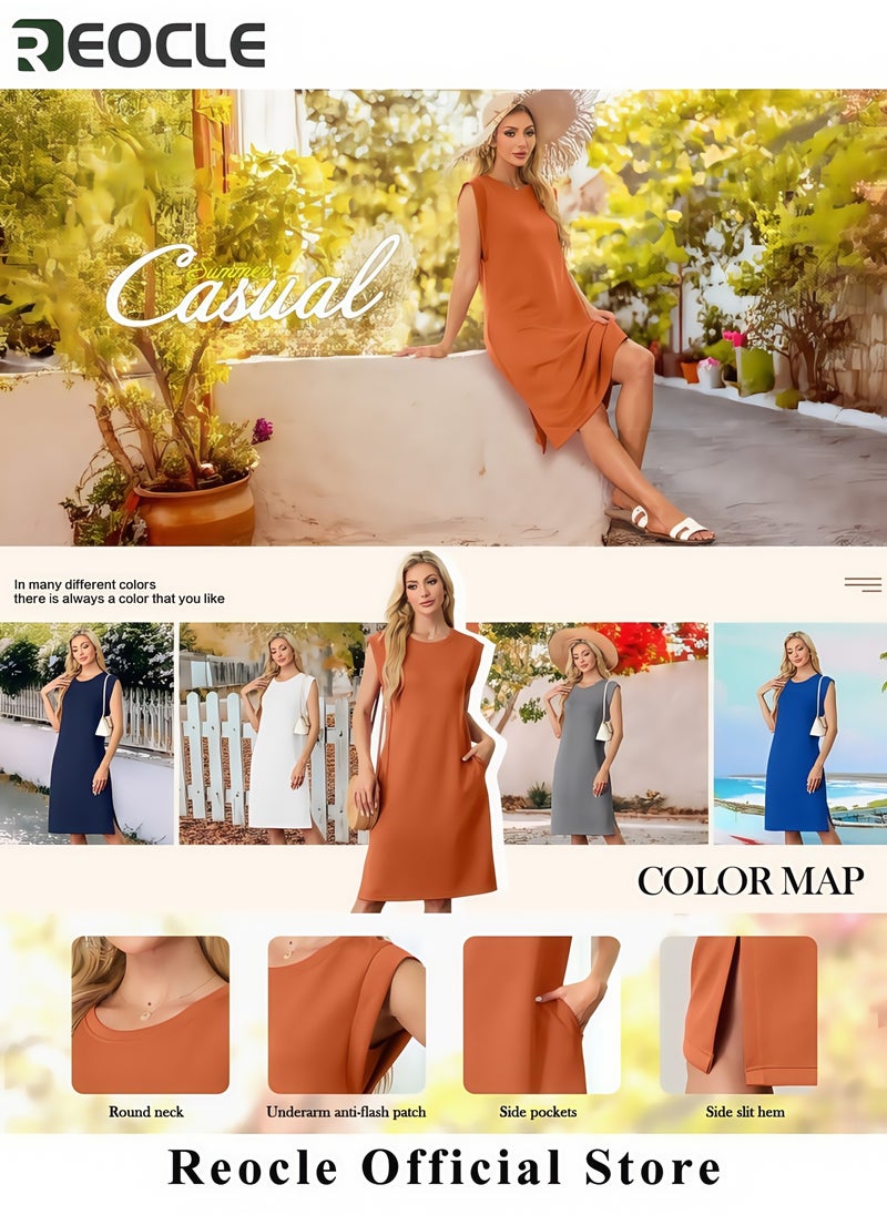 Women Summer Round Neck Casual Loose Split Wrinkle-Free Midi Dress with Pockets