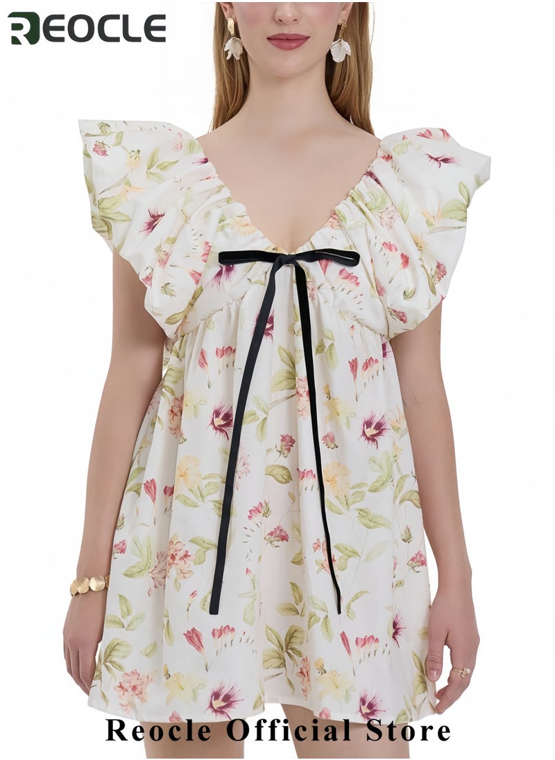 Women's Floral Print Mini Dress V Neck Puff Sleeve Dress Short Babydoll Bow Dress