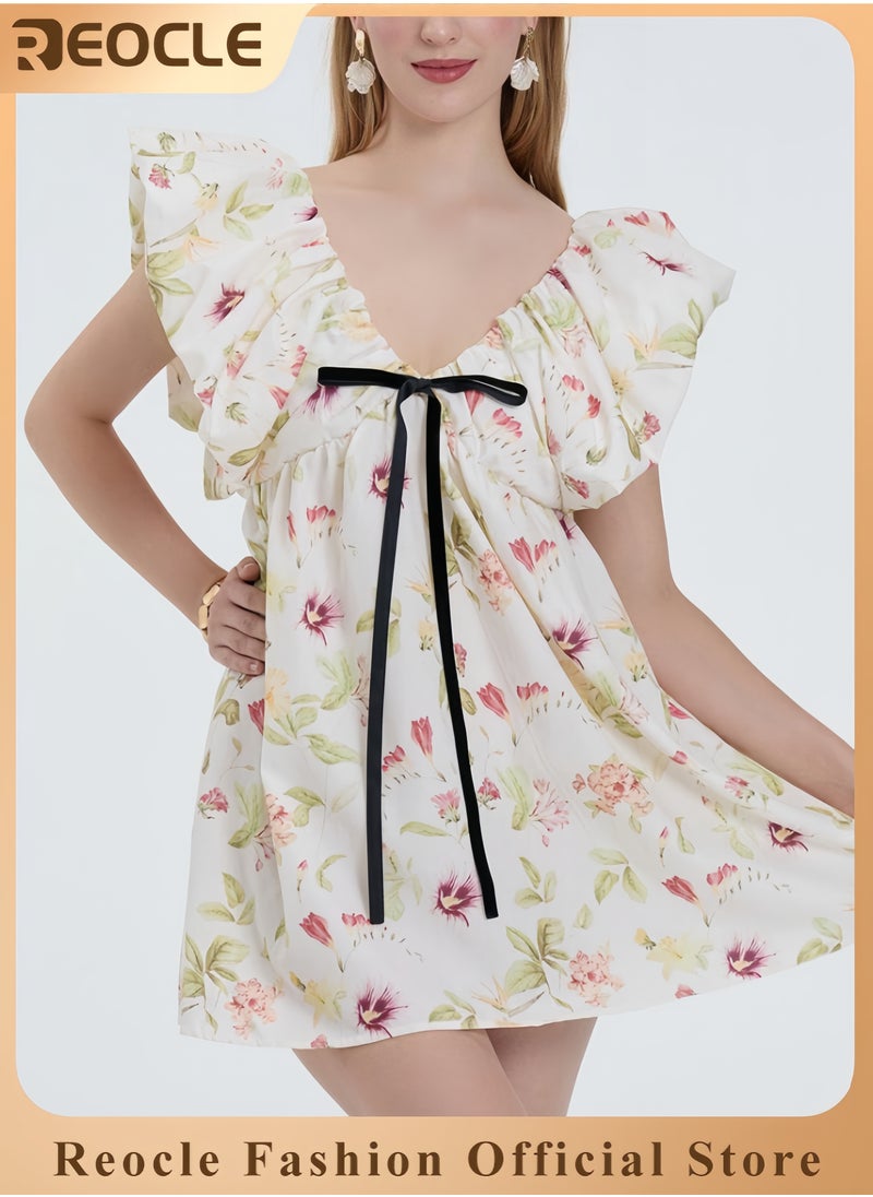 Women's Floral Print Mini Dress V Neck Puff Sleeve Dress Short Babydoll Bow Dress