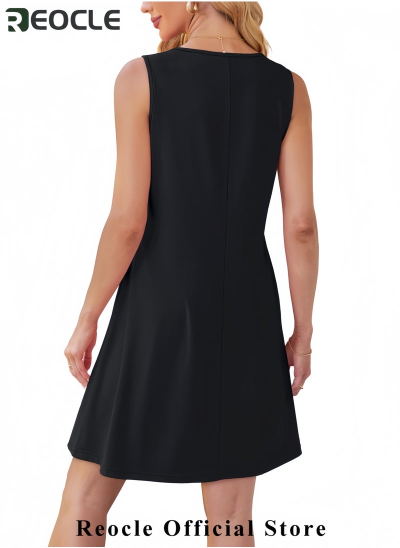 Womens Pleated Front Tank Dresses Fashion Spring Sleeveless Pockets Sundress Casual Summer