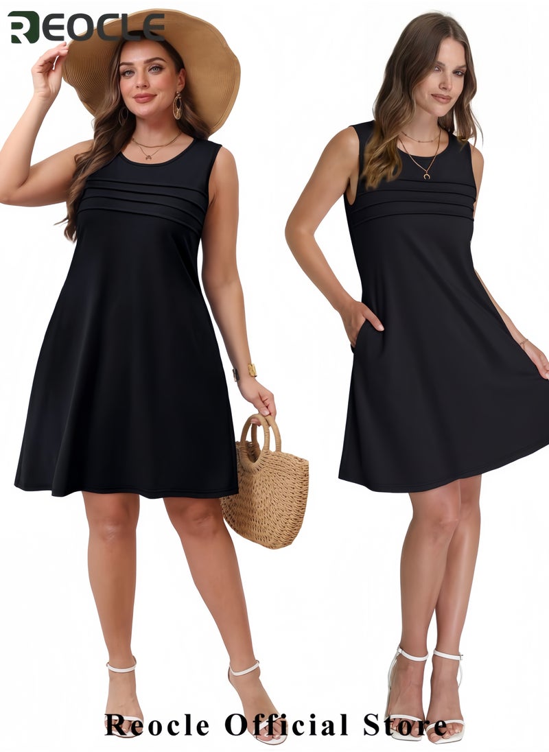 Womens Pleated Front Tank Dresses Fashion Spring Sleeveless Pockets Sundress Casual Summer
