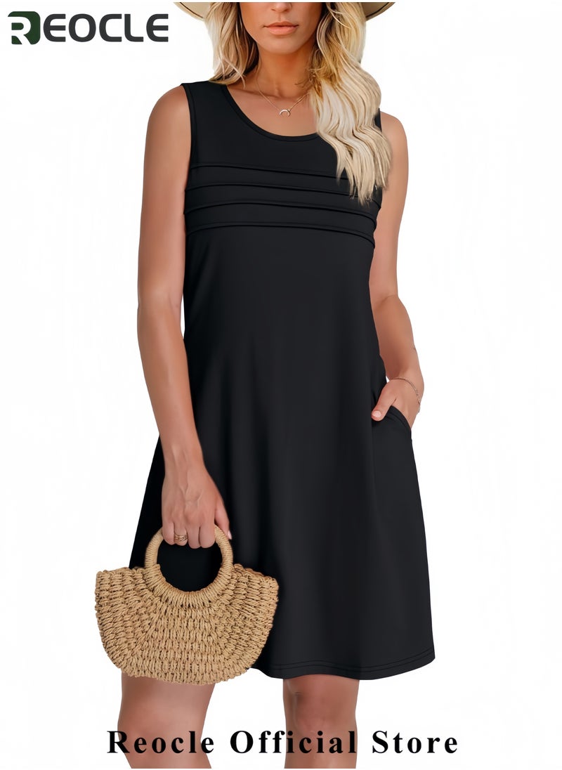 Womens Pleated Front Tank Dresses Fashion Spring Sleeveless Pockets Sundress Casual Summer