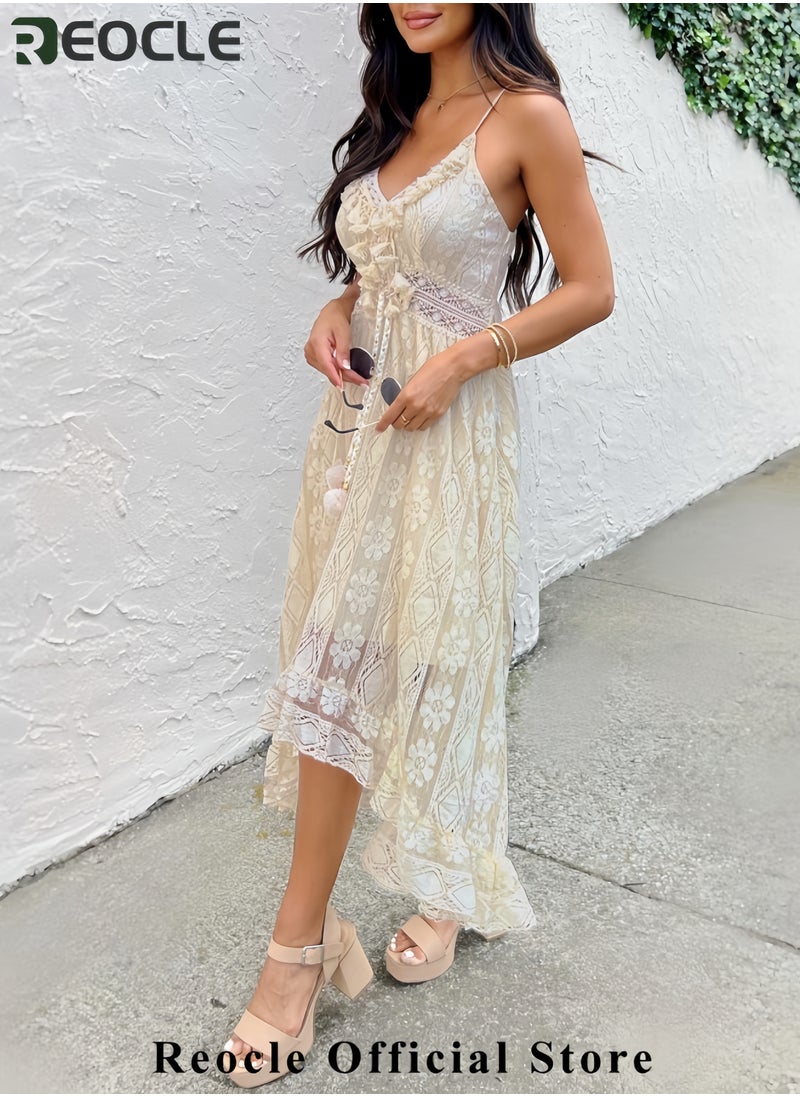 Women's Summer Dresses Sleeveless Lace Casual Tassel Beach Spaghetti Straps Flowy Maxi Sun Dress