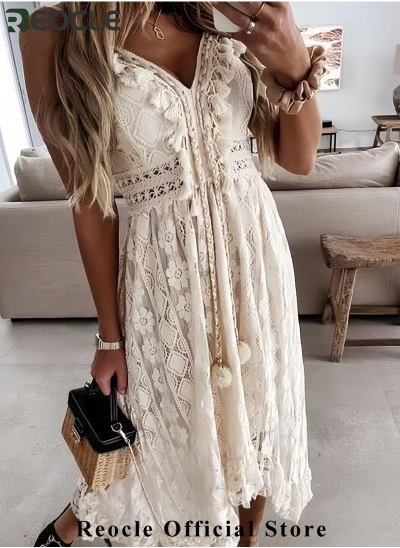 Women's Summer Dresses Sleeveless Lace Casual Tassel Beach Spaghetti Straps Flowy Maxi Sun Dress
