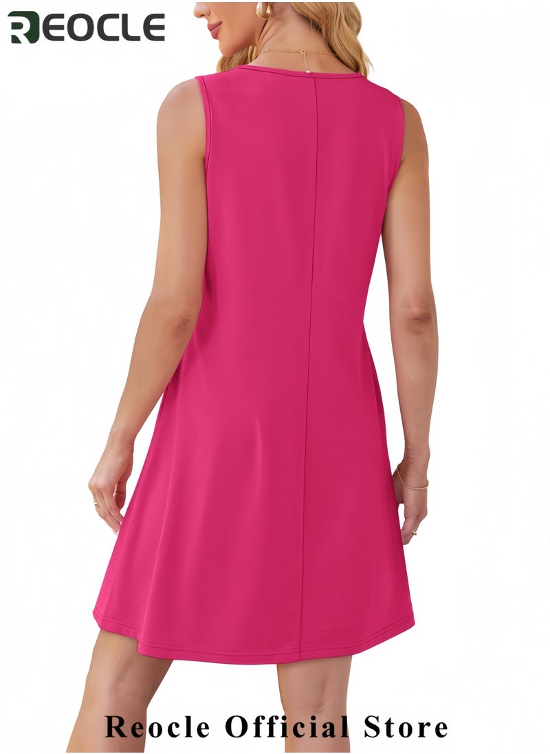 Womens Pleated Front Tank Dresses Fashion Spring Sleeveless Pockets Sundress Casual Summer