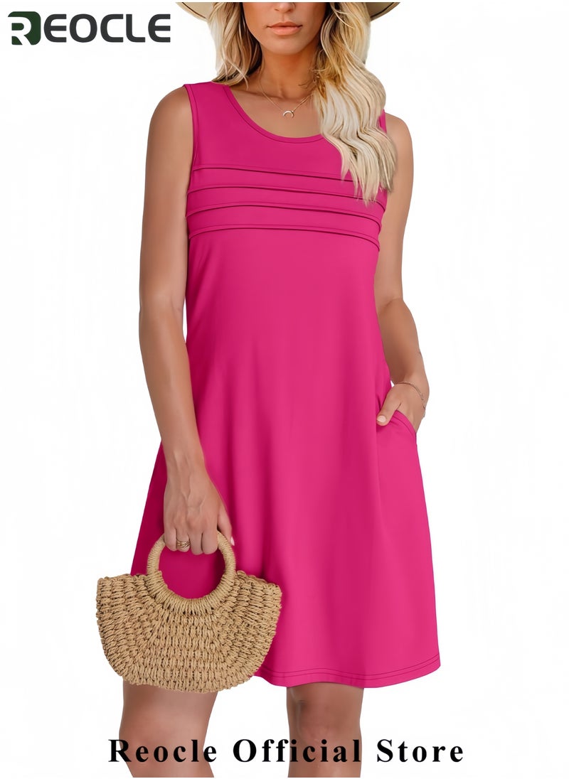 Womens Pleated Front Tank Dresses Fashion Spring Sleeveless Pockets Sundress Casual Summer