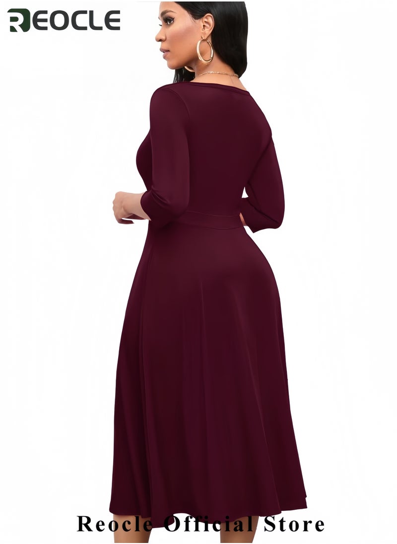 Women's Casual Wrap Flared Midi Dress Wedding Guest Cocktail Tea Dresses A-Line Swing V-Neck 3/4 Sleeve