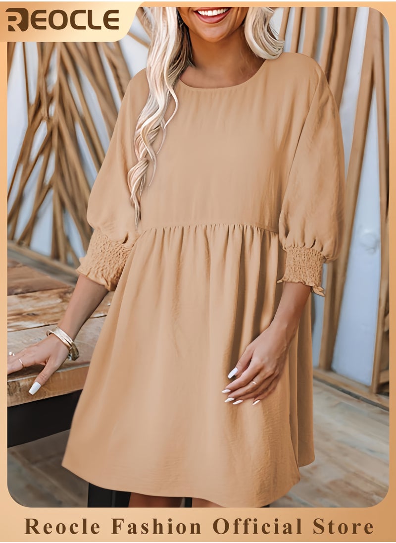 Womens Summer Spring Dresses Casual Tunic Dress Short Sleeve Crew Neck Flowy Swing Mini Dress