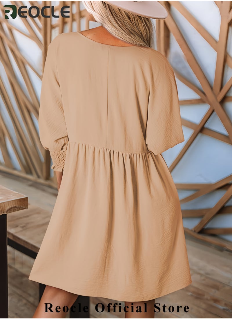 Womens Summer Spring Dresses Casual Tunic Dress Short Sleeve Crew Neck Flowy Swing Mini Dress