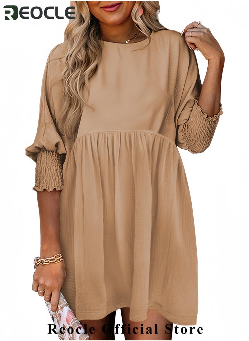 Womens Summer Spring Dresses Casual Tunic Dress Short Sleeve Crew Neck Flowy Swing Mini Dress