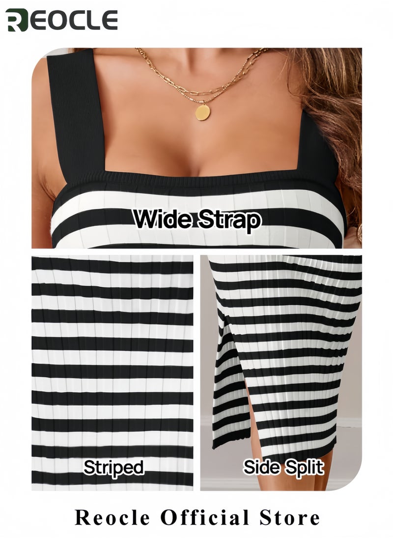 Women's Summer Spring Bodycon Midi Dress Vacation Sleeveless Ribbed Knit Striped Party Sweater Dresses