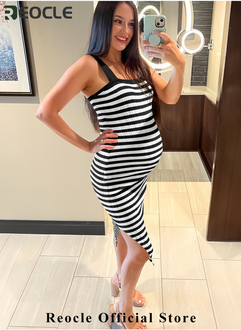 Women's Summer Spring Bodycon Midi Dress Vacation Sleeveless Ribbed Knit Striped Party Sweater Dresses